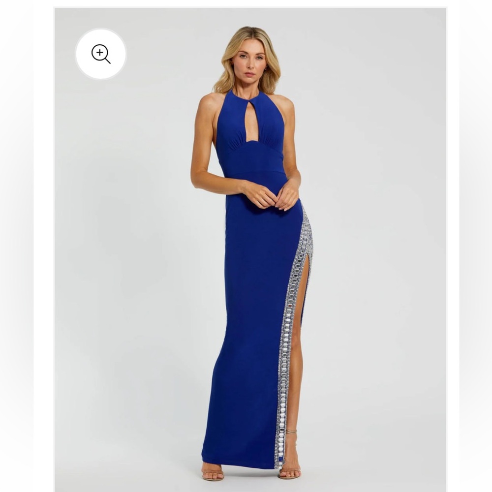 MAC DUGGAL JERSEY HALTER NECK BEADED SLIT DETAIL GOWN